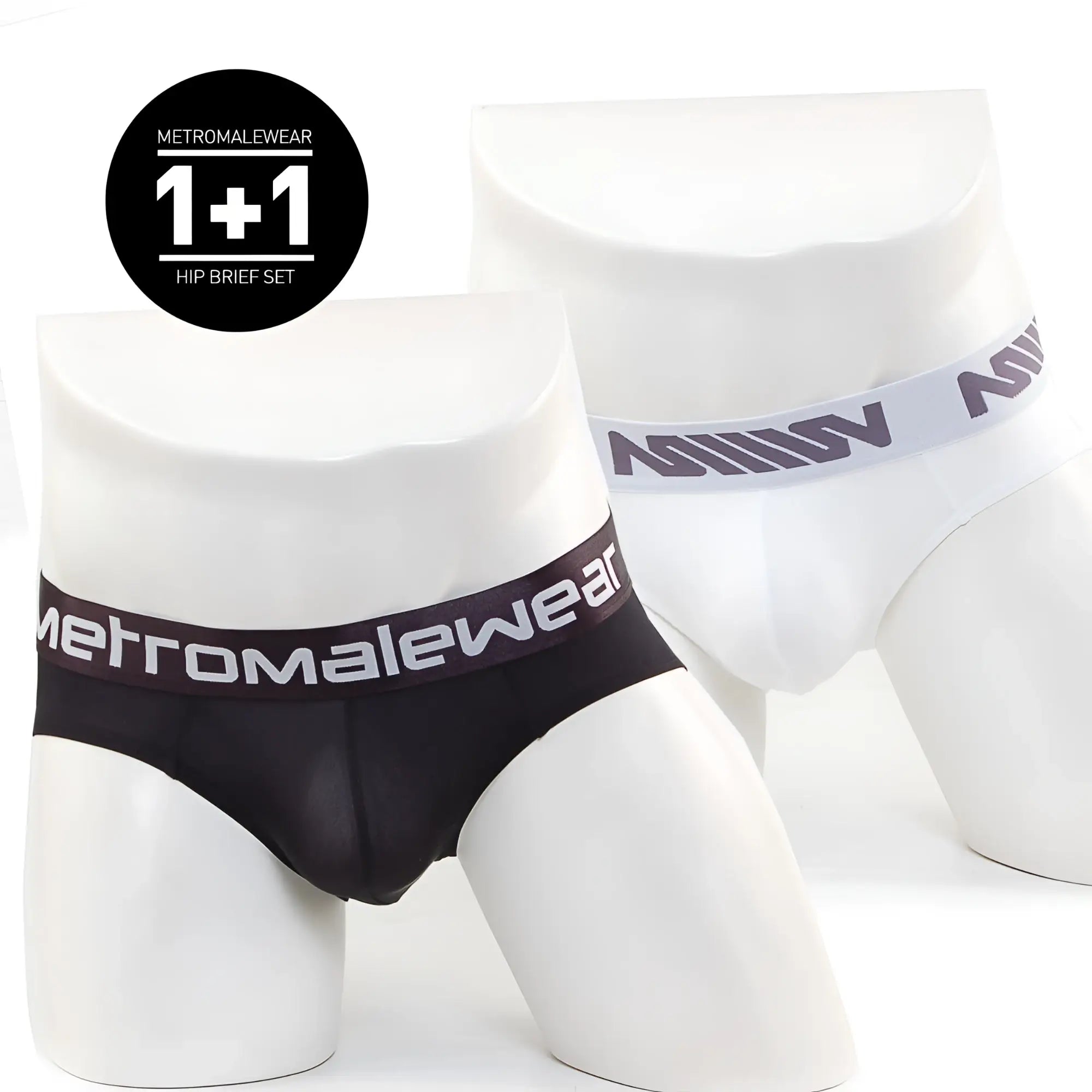 Black and white metromalewear microfiber hip briefs with branded elastic waistbands in a 2 pack