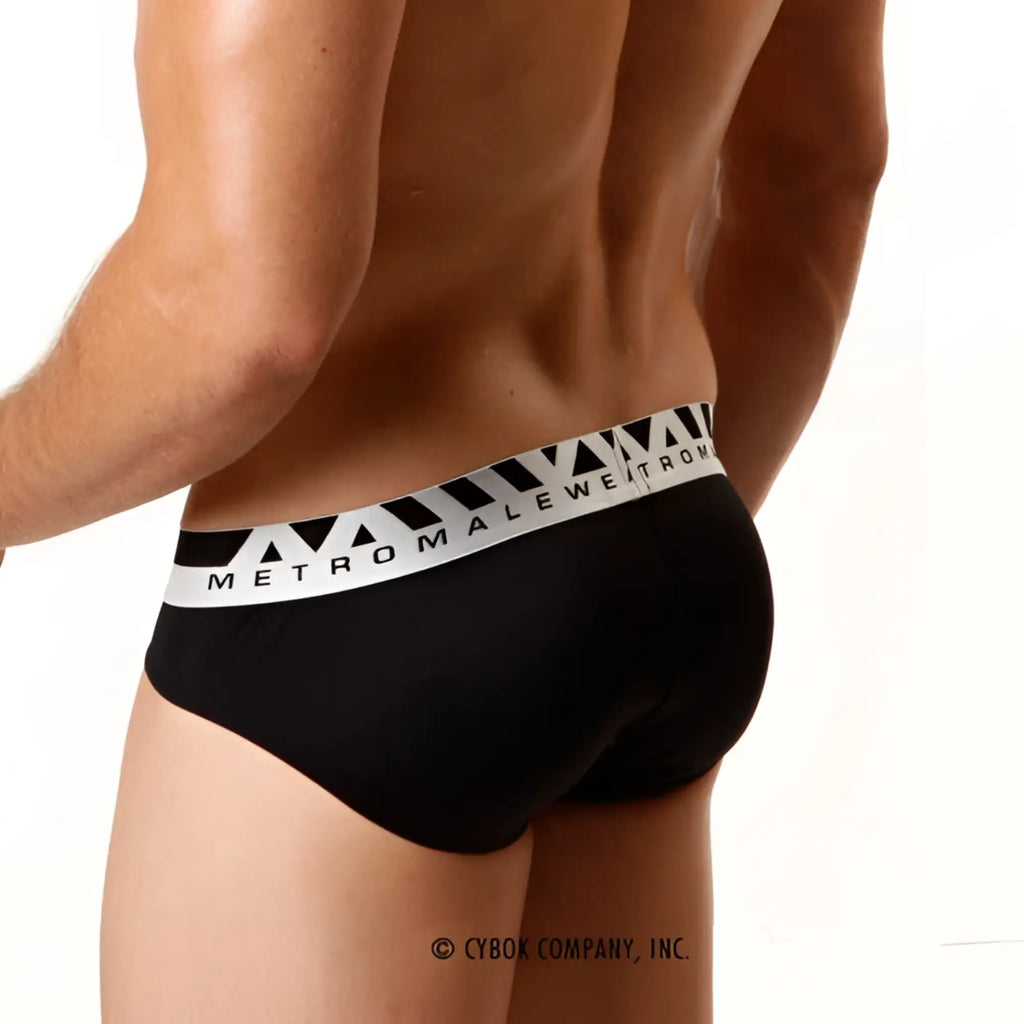 Black microfiber hip briefs with white waistband featuring metromale logo and geometric triangle patterns