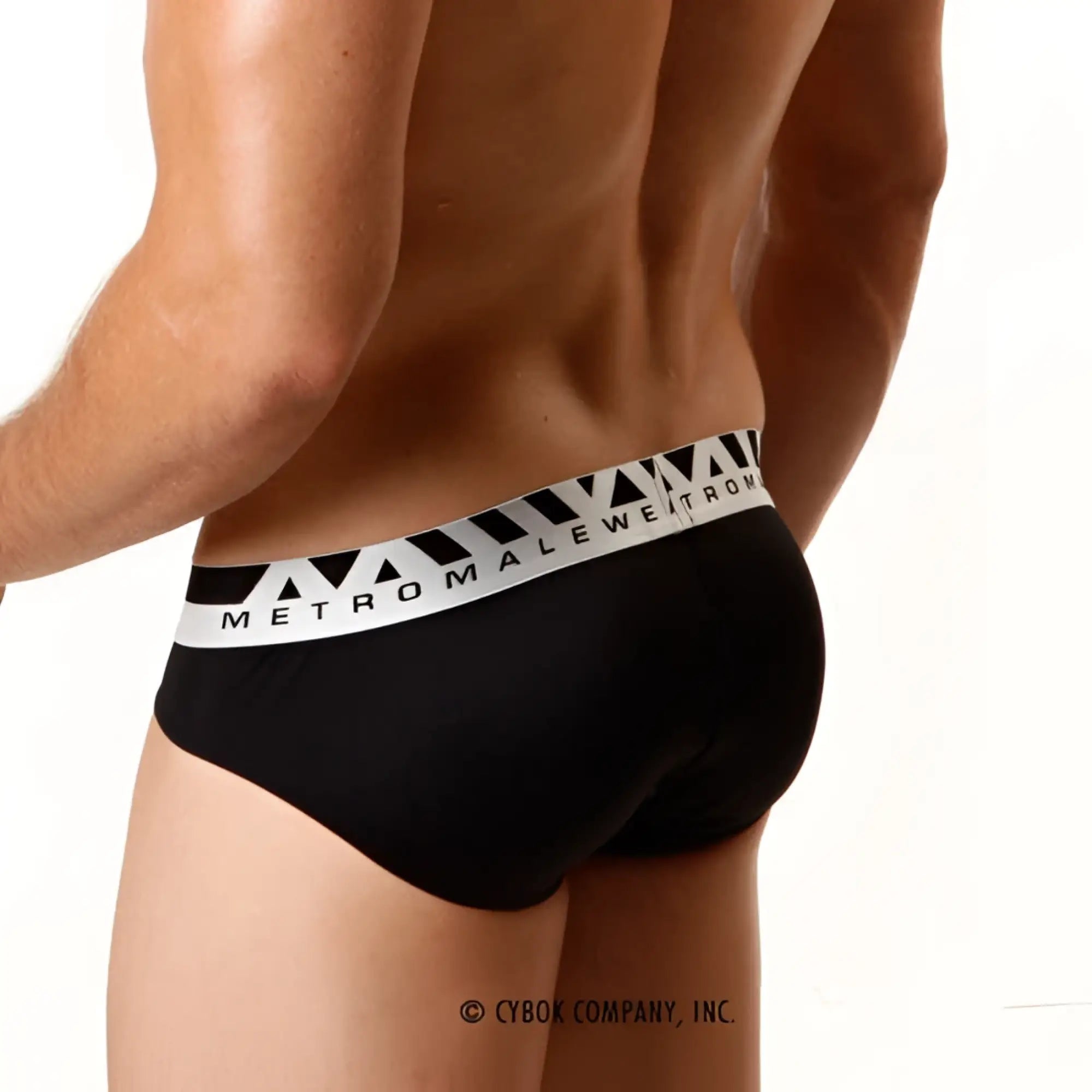 Black microfiber hip briefs with white waistband featuring metromale logo and geometric triangle patterns