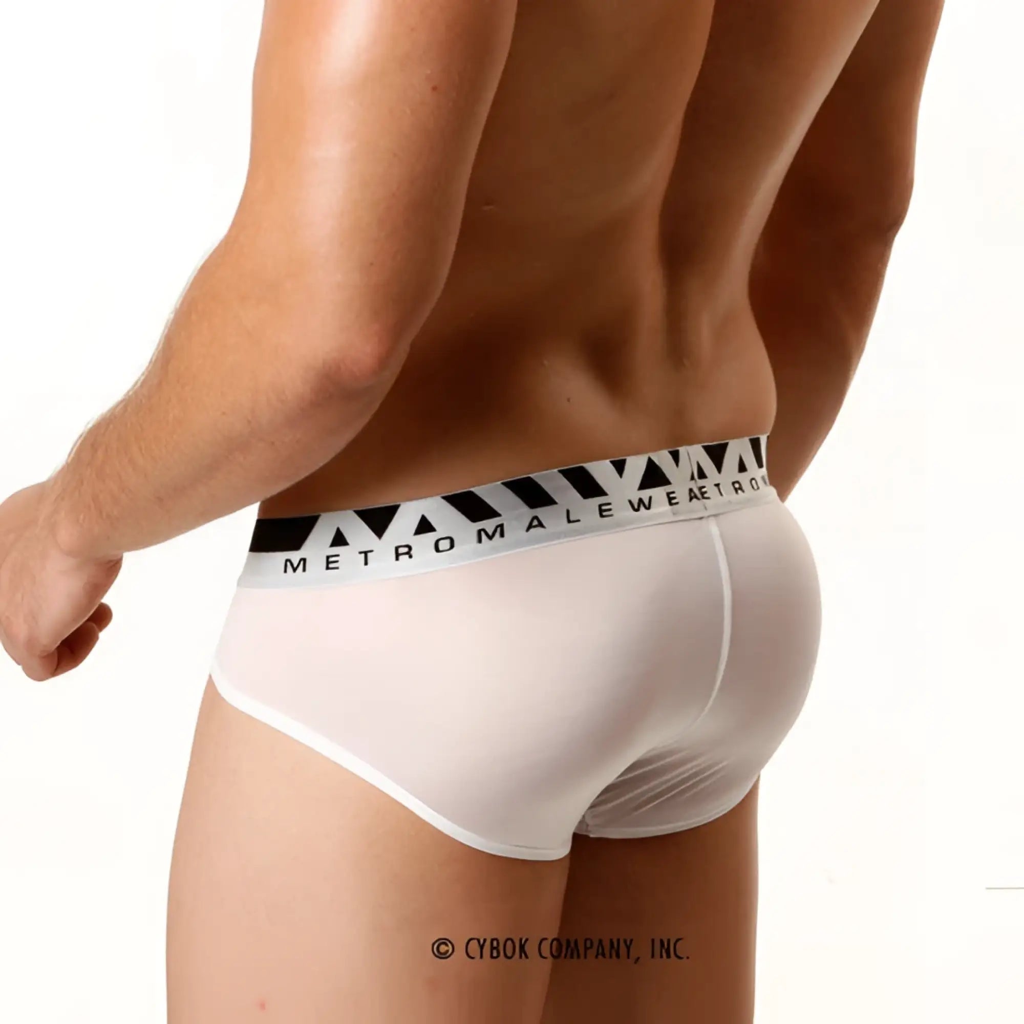 White microfiber men’s hip briefs with a black and white geometric waistband featuring metromalewear logo