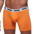 Orange microfiber men’s boxer briefs with white elastic waistband featuring black miliv branding metroMalewear 2023-24