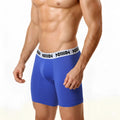 MetroMaleWear microfiber mid boxer briefs in royal blue with white elastic waistband and black repeating text 10 inch length