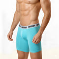 Turquiose microfiber athletic briefs with a white waistband featuring black metro logo text for active wear