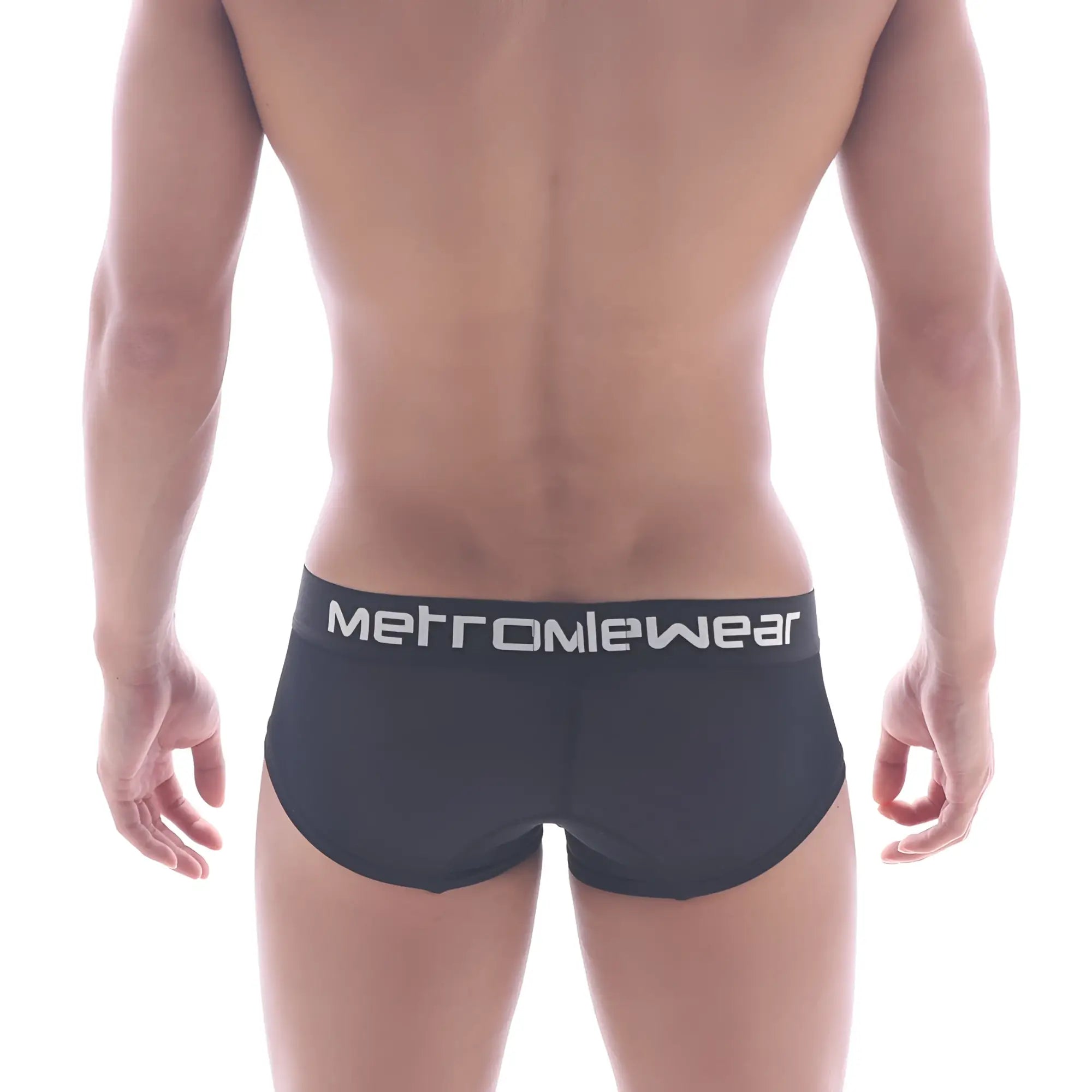 Black metromie microfiber mini boxer briefs with white logo band for comfortable everyday wear
