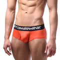 Bright orange microfiber men’s briefs with black waistband and metromalewear logo in white lettering coral 7013-13