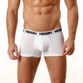 White mens microfiber boxer briefs with 7 inch short length and black logo waistband from metromalewear 2022-00