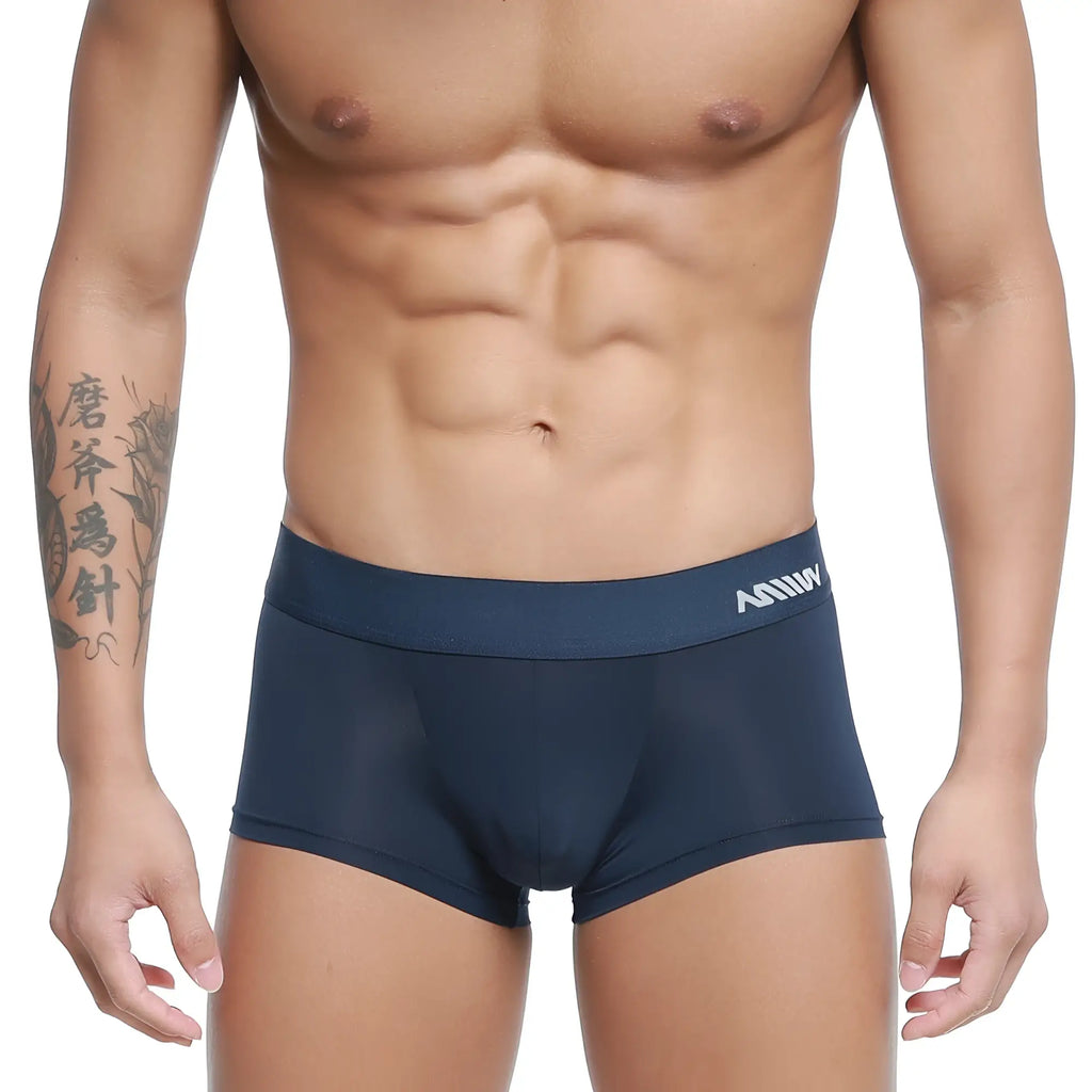 Navy blue stretch cotton briefs MetroMaleWear microfiber trunk with white logo waistband for comfortable daily wear