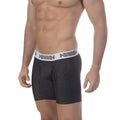 Black pinstripe boxer briefs with a white elastic waistband and gray lettering metroMaleWear mid boxer supremo 10inch