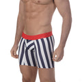 Navy and white striped metro male wear mid boxer briefs with red elastic waistband and 10 inch tension fit