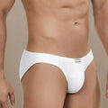 White ribbed briefs with a silver rectangular brand tag on the waistband from metromalewear milano bikini 5103-m28