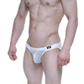 White mesh mild bikini briefs with black metro malewear logo on waistband for comfortable everyday wear