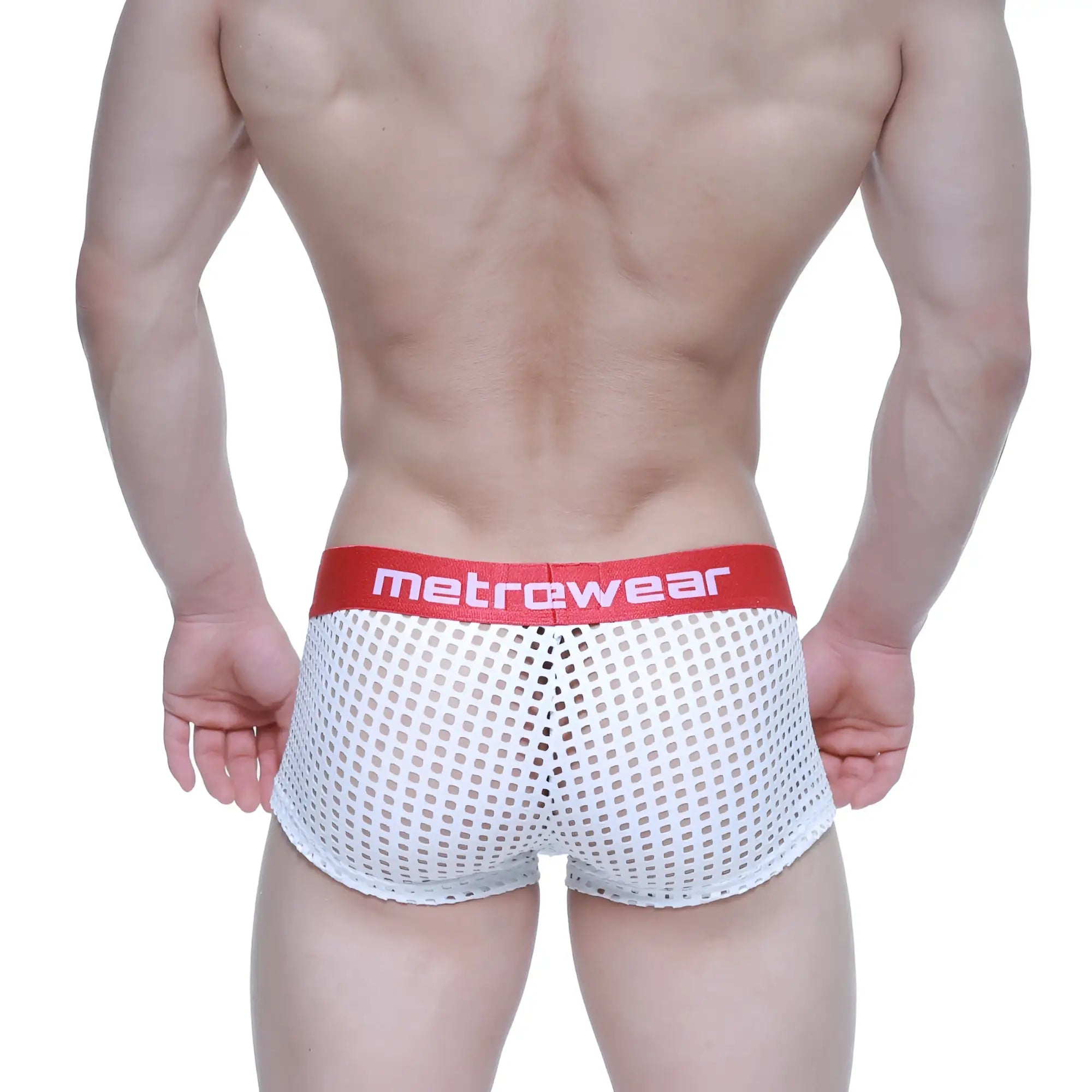 White mesh briefs with a red metrowear logo waistband from MetroMaleWear mild short boxer 2026-67 product lineup