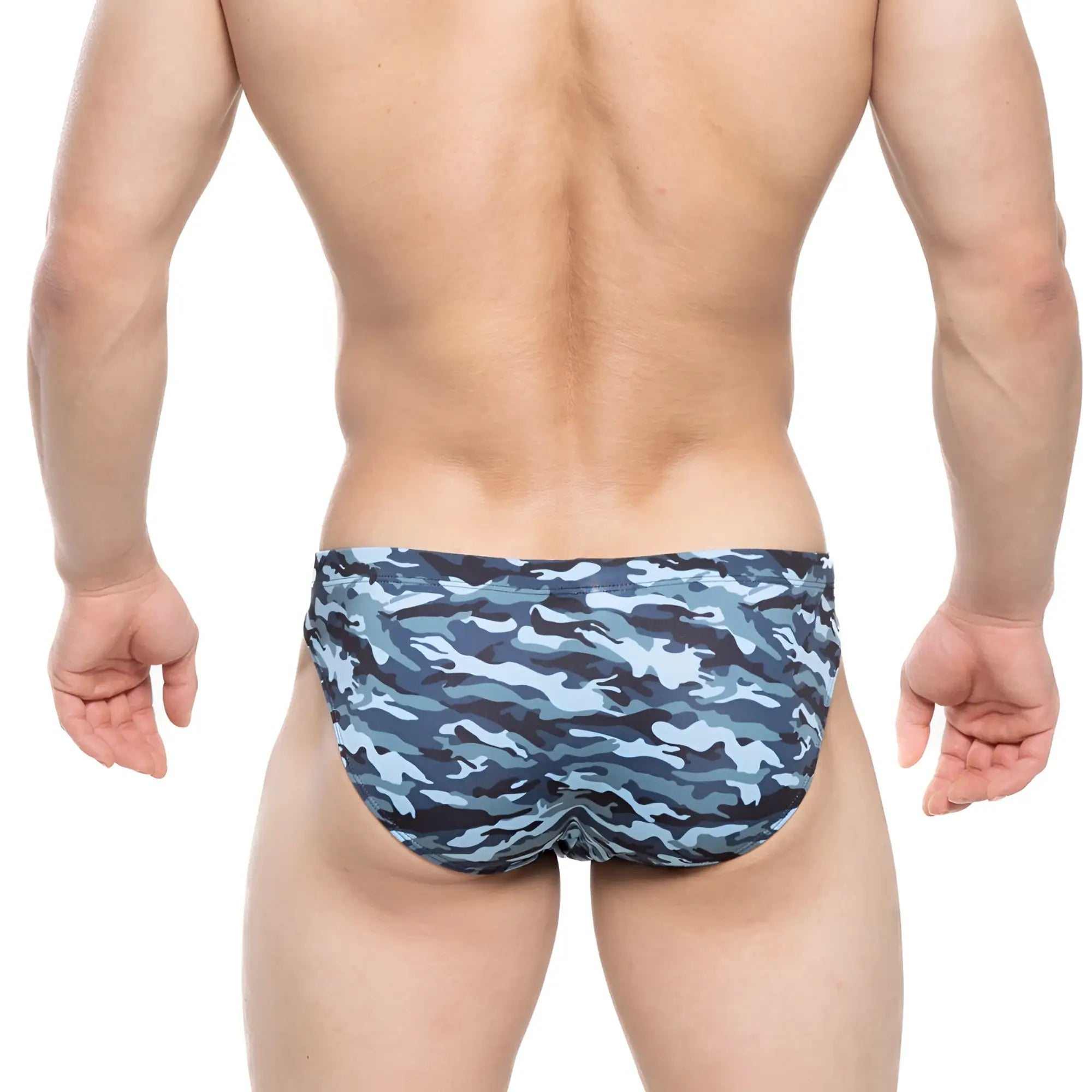 Blue and gray camouflage-patterned military bikini swim trunks by metroMalewear for navy use