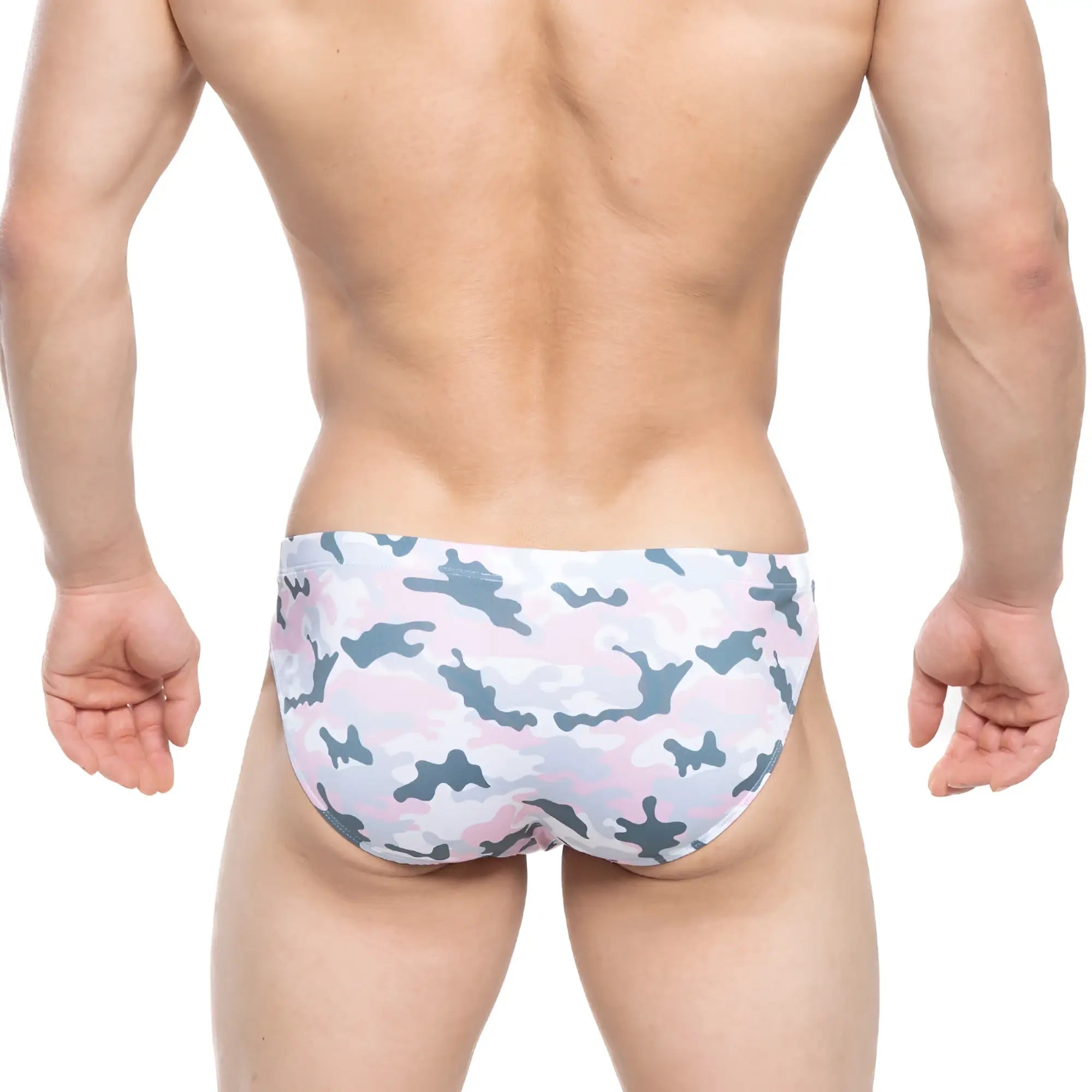 Pink and gray camouflage patterned swim trunks metroMalewear military bikini pink 5103-M91 for men