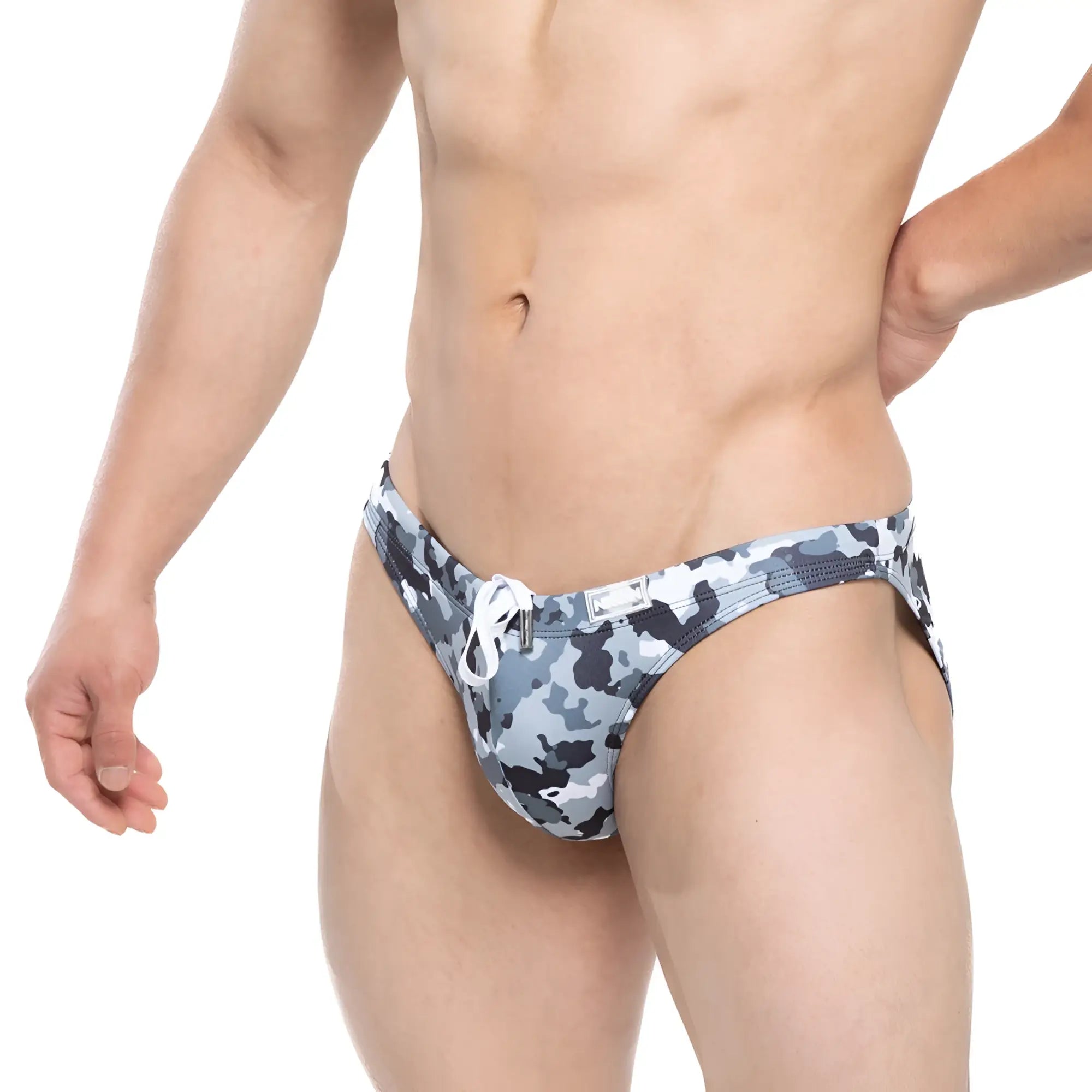 Metro male wear military swim bikini gray with black camouflage pattern and white drawstring for swimming use