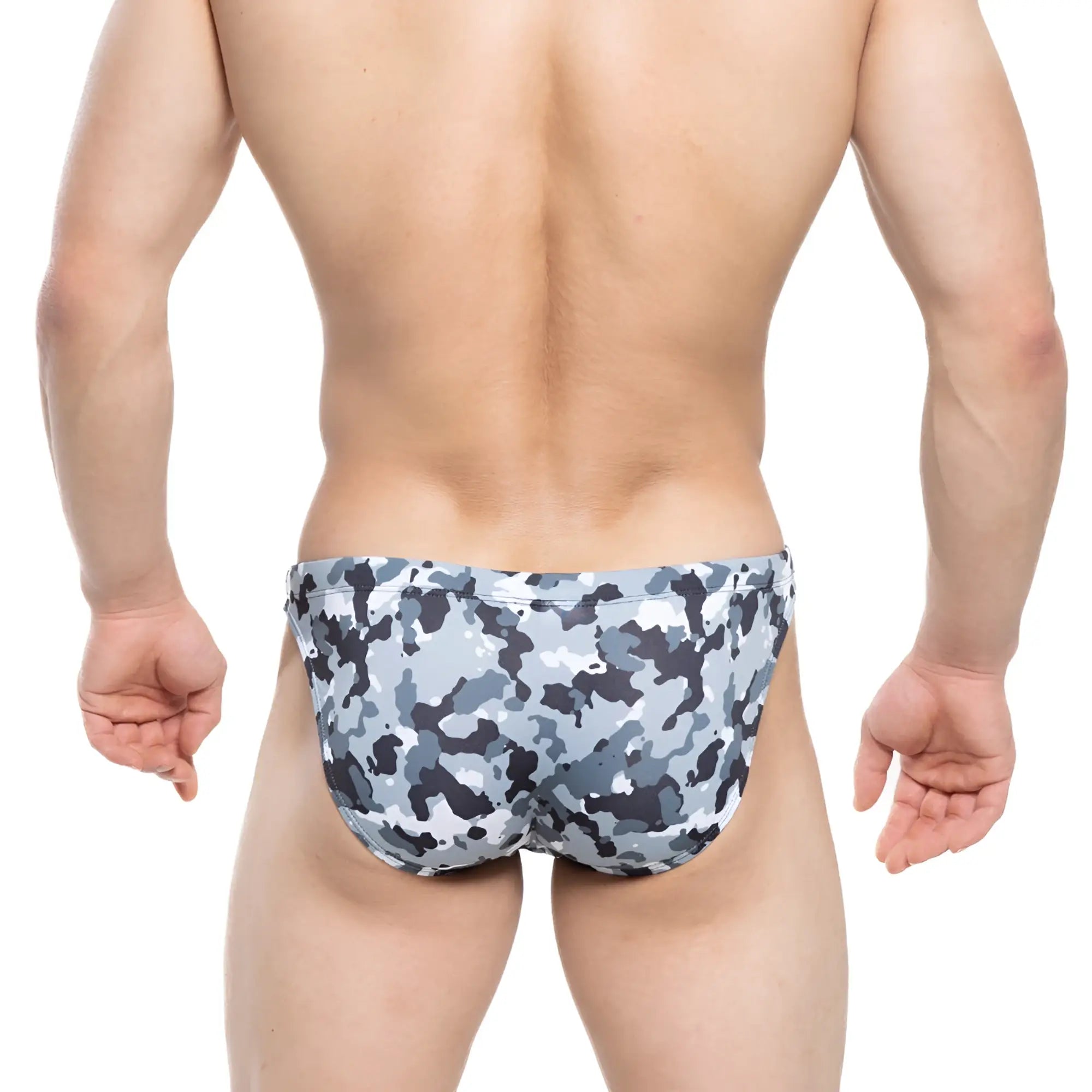 Gray and black camouflage pattern metroMalewear military swim bikini trunks for men in quick-dry fabric