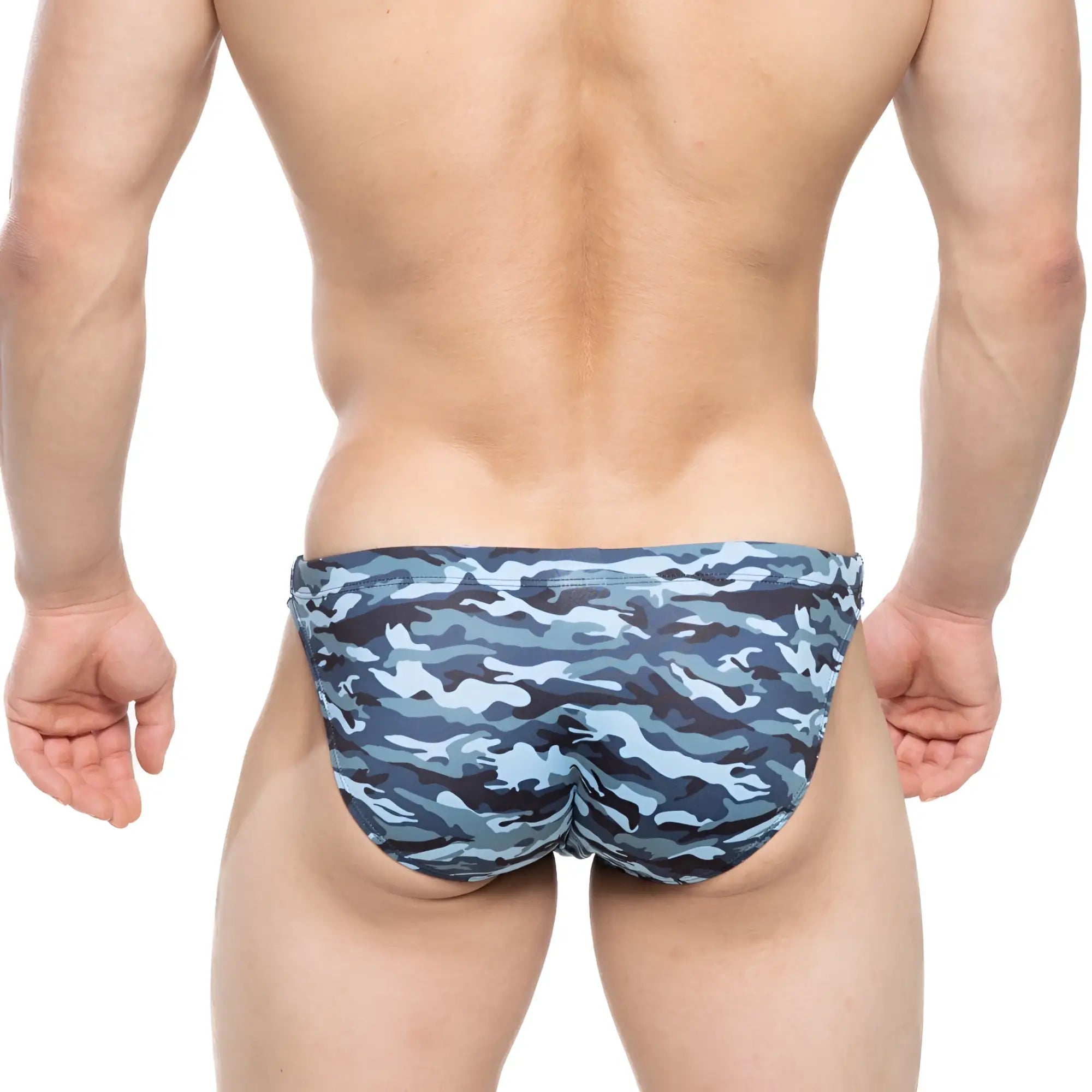 MetroMalewear military swim bikini navy blue and gray camouflage patterned swim trunks for men