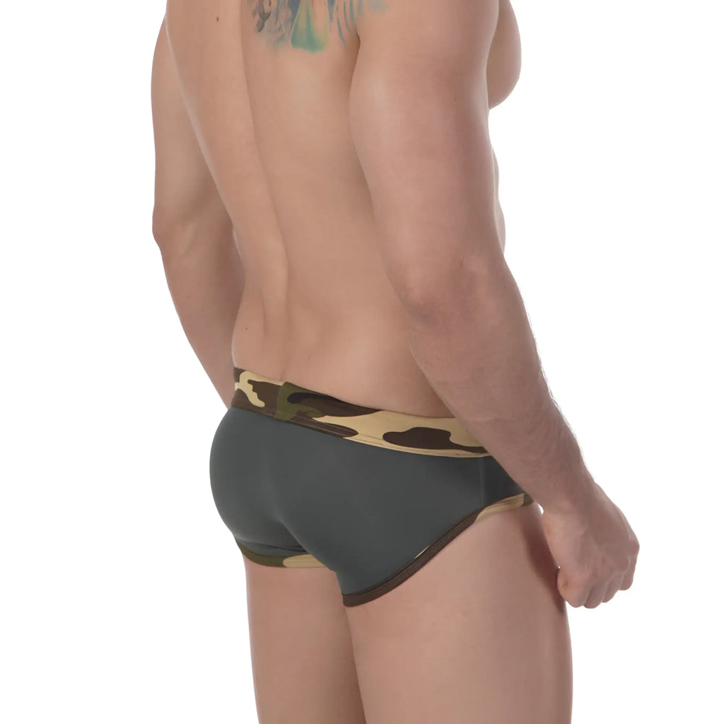 Dark gray metro male wear military swim brief with camouflage waistband and trim showing front view
