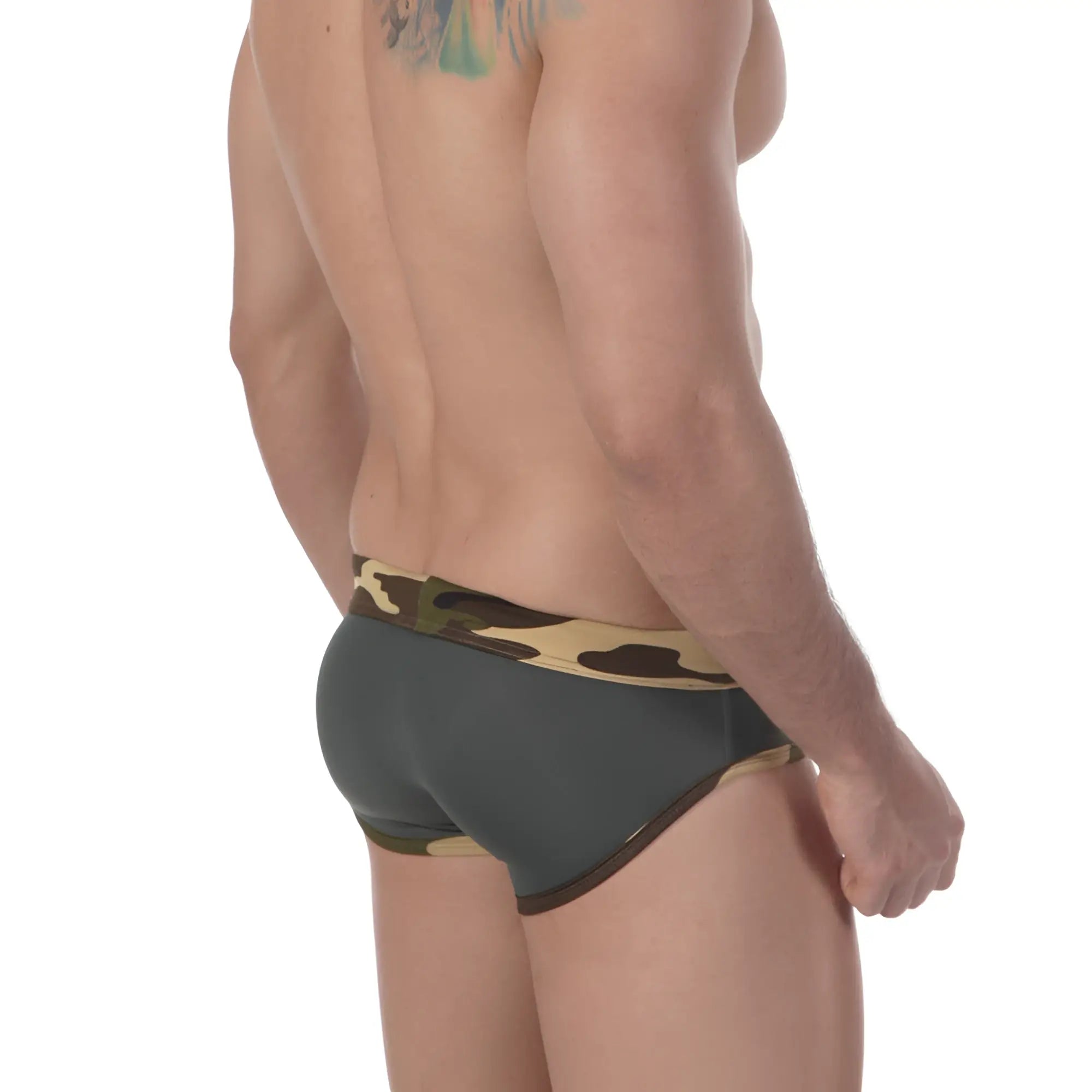 Dark gray metro male wear military swim brief with camouflage waistband and trim showing front view