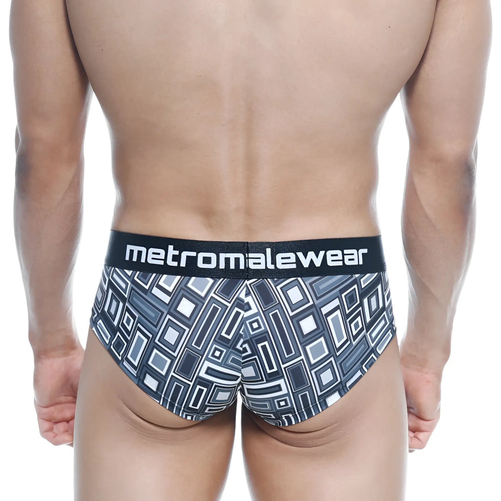 Black and white geometric patterned mens briefs with branded waistband from MetroMaleWear Mini Cheek Boxer Basalto 2025-23