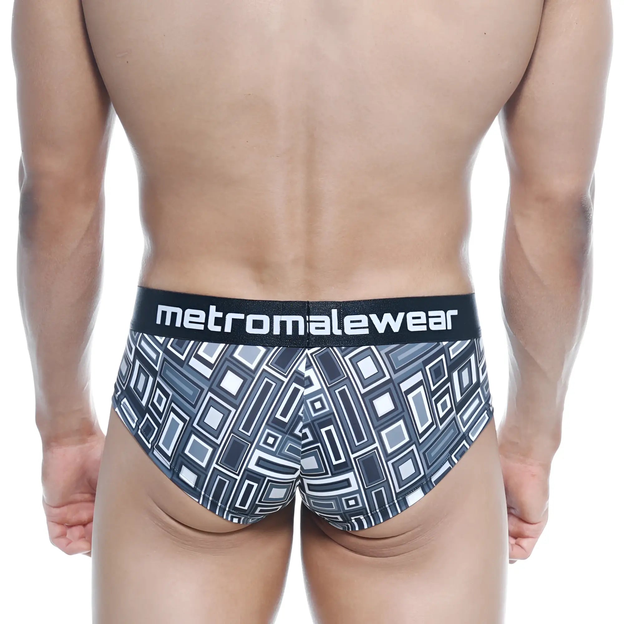 Black and white geometric patterned mens briefs with branded waistband from MetroMaleWear Mini Cheek Boxer Basalto 2025-23
