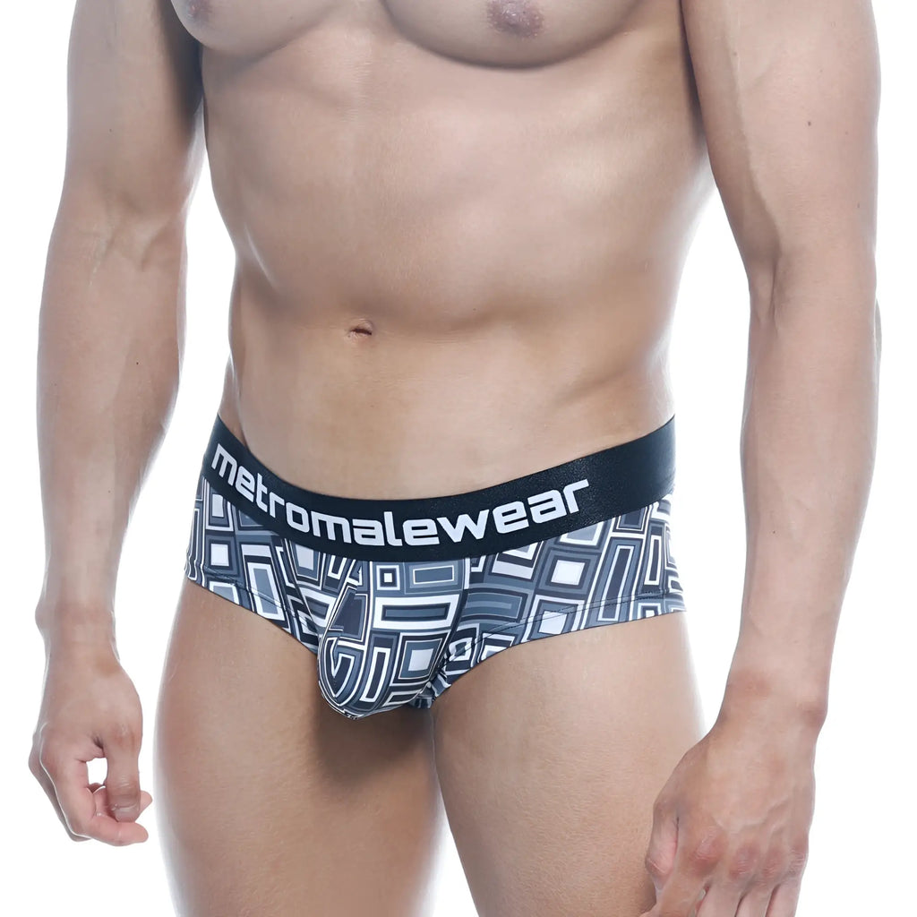 Black and white geometric patterned men’s briefs with branded elastic waistband metroMaleWear mini cheek boxer basalto 2025 23