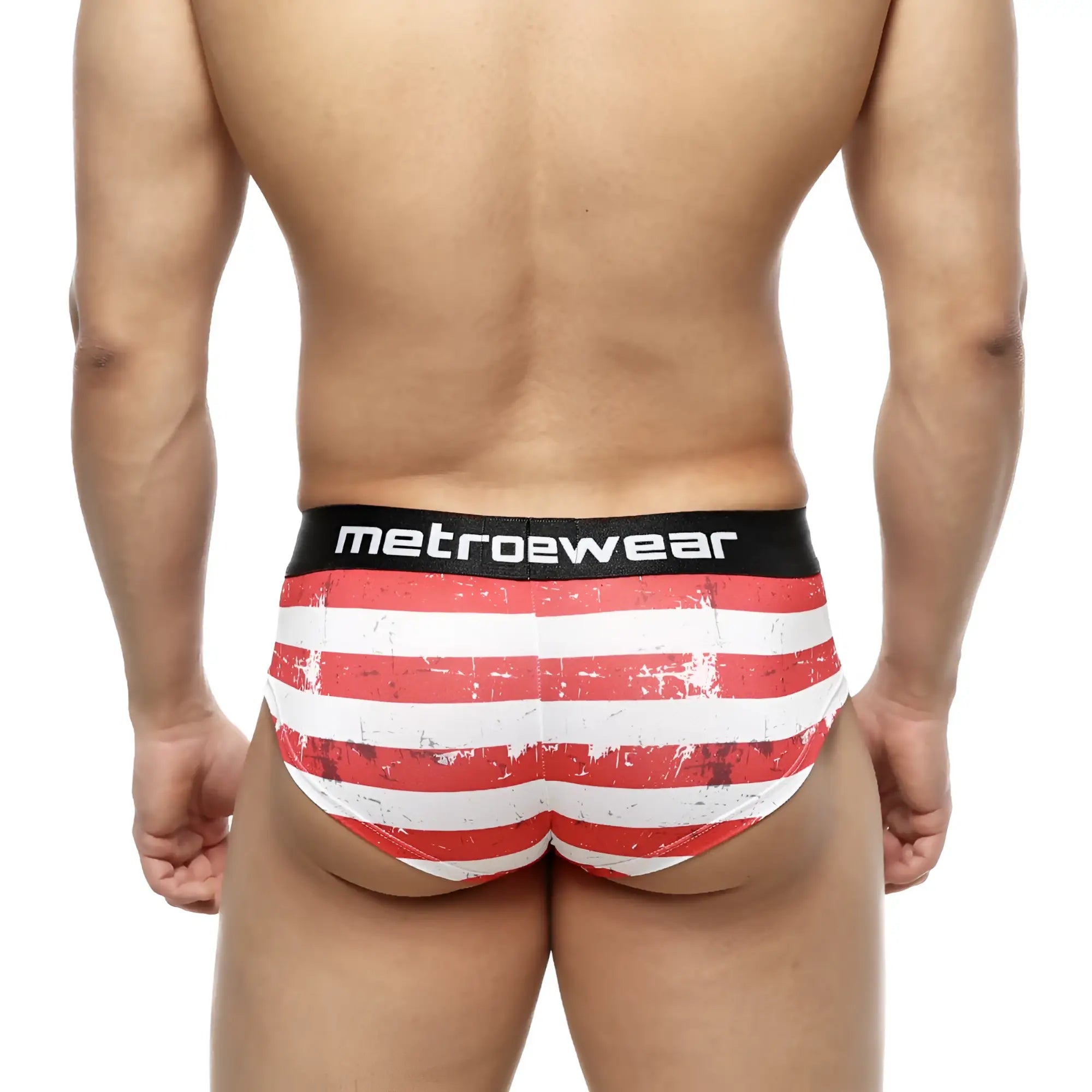 Red and white striped men’s briefs with distressed design and metroewear branded black waistband metroMalewear mini cheek boxer batalla 2025-92