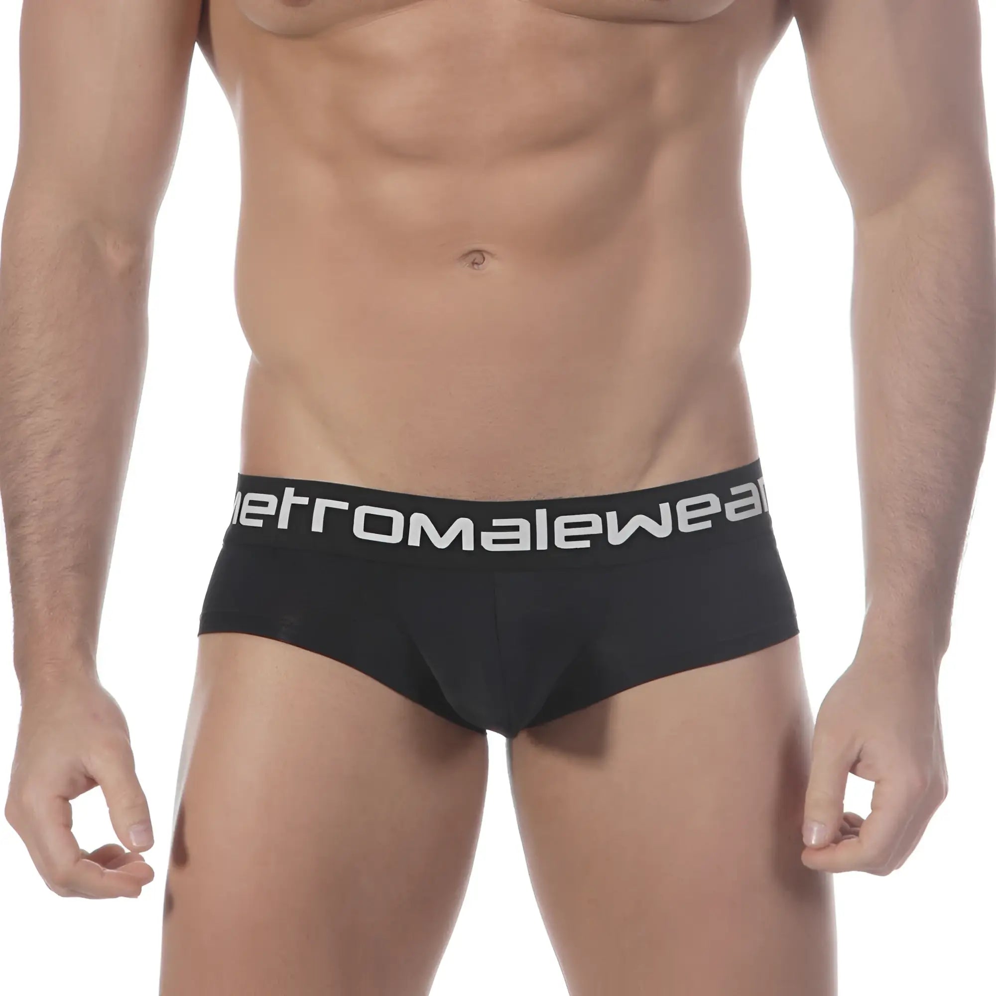 Black metroMalewear mini cheek boxer briefs with white logo band designed for comfortable daily wear