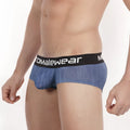 Blue denim textured men’s briefs with black elastic waistband featuring white momalewear branding metroMalewear 2025-55