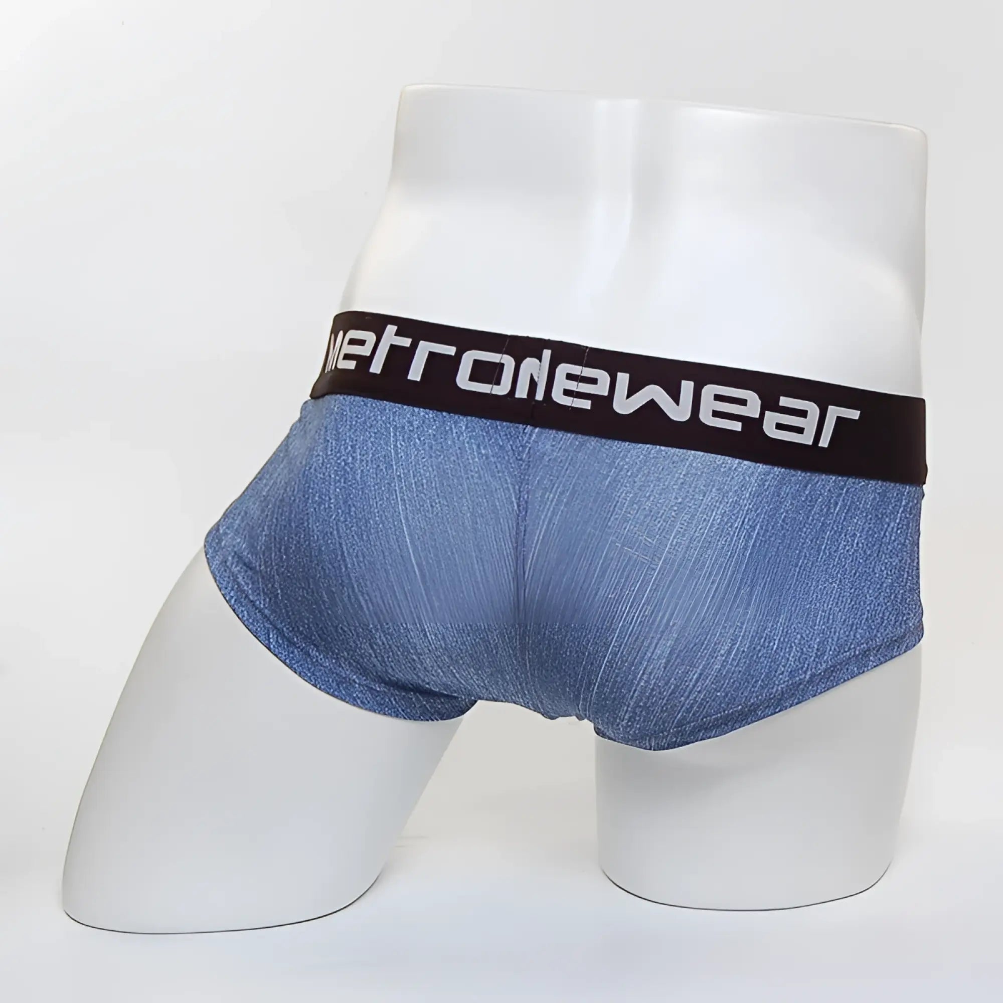 Blue denim textured men’s briefs with black waistband and white metrowear branding metro malewear mini cheek boxer