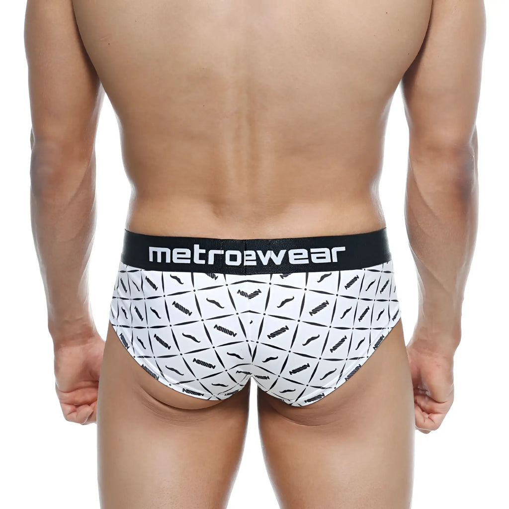 White briefs with black geometric mustache pattern and metrowear waistband from metromalewear mini cheek boxer caballero 2025-04