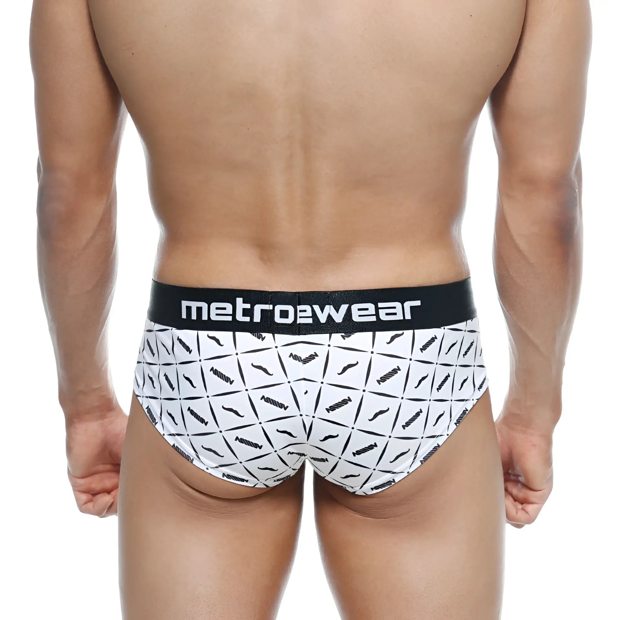 White briefs with black geometric mustache pattern and metrowear waistband from metromalewear mini cheek boxer caballero 2025-04