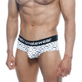 White briefs with a black waistband featuring metromalewear logo and repeating mustache patterns metro male wear 2025-04