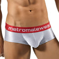 Silver metallic briefs with red waistband and metromalewear logo front metro malewear mini cheek boxer chrome 2025-05