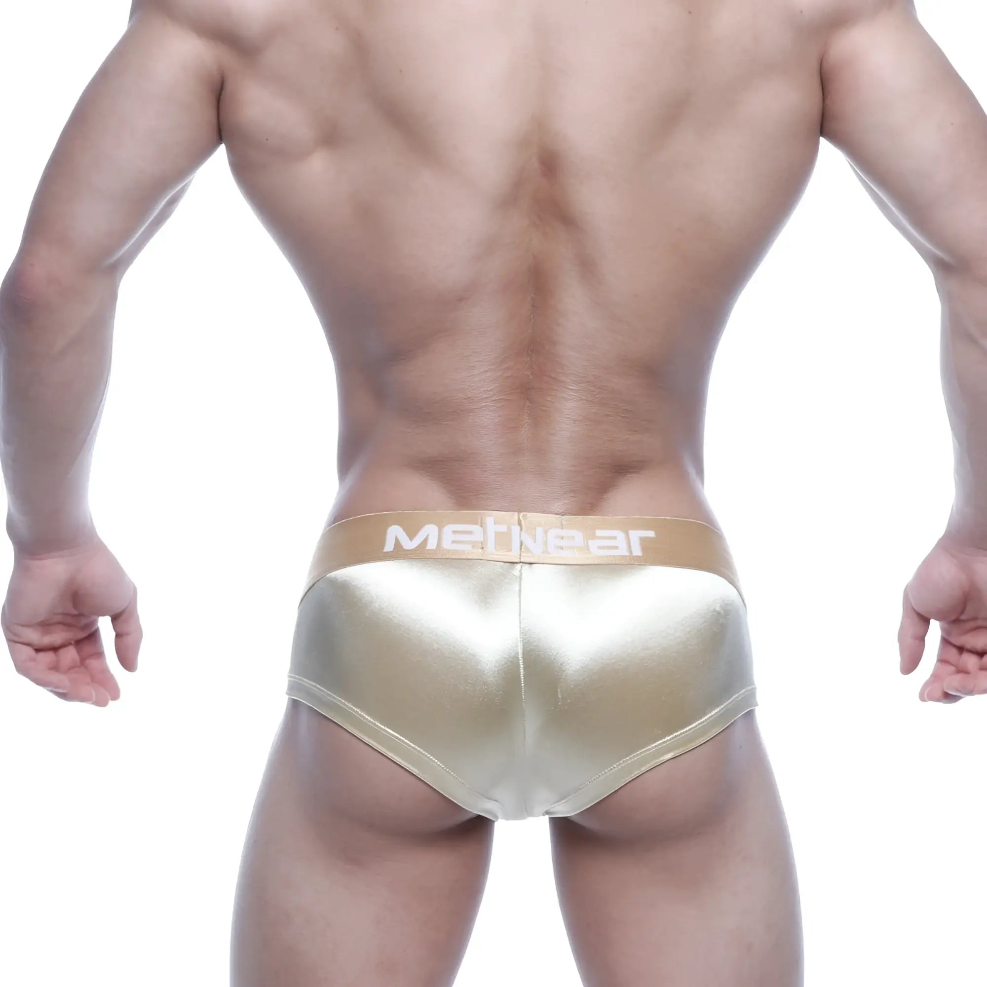 Gold metallic mini cheek boxer briefs with beige waistband and mennear branding metroMalewear empire 2025-22
