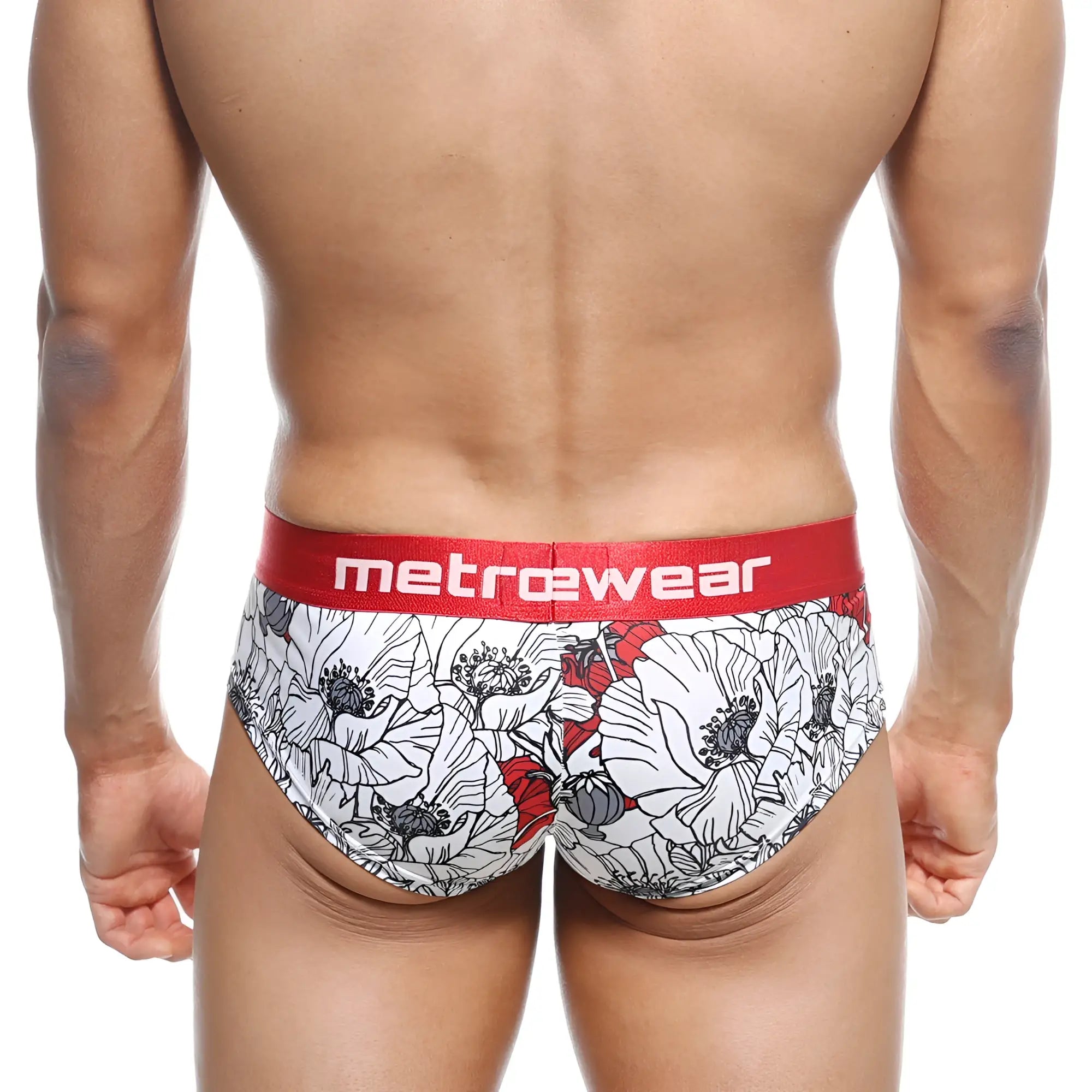 White and red floral patterned mens briefs with bold red metrewear waistband metro male wear mini cheek boxer escobar 2025 03