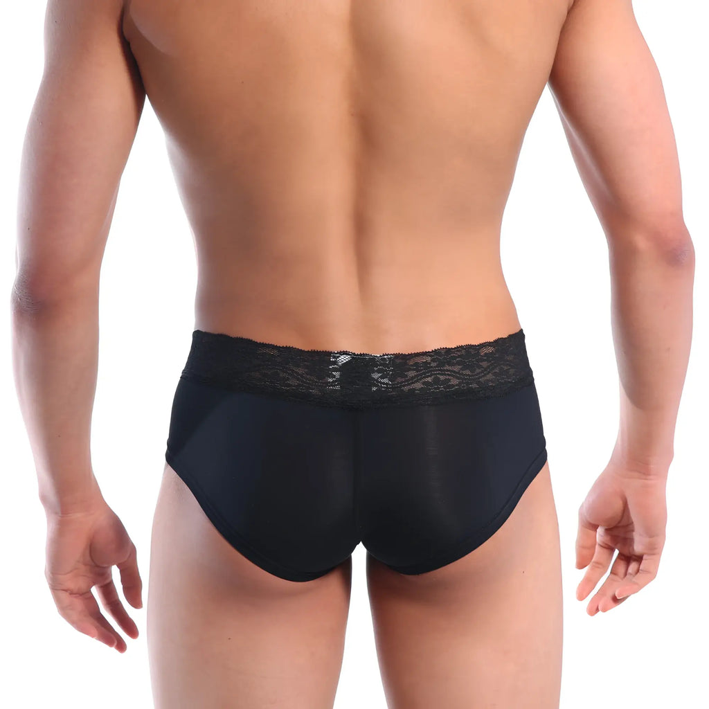 MetroMaleWear mini cheek boxer lace black briefs with sheer lace-trimmed form-fitting fabric front view