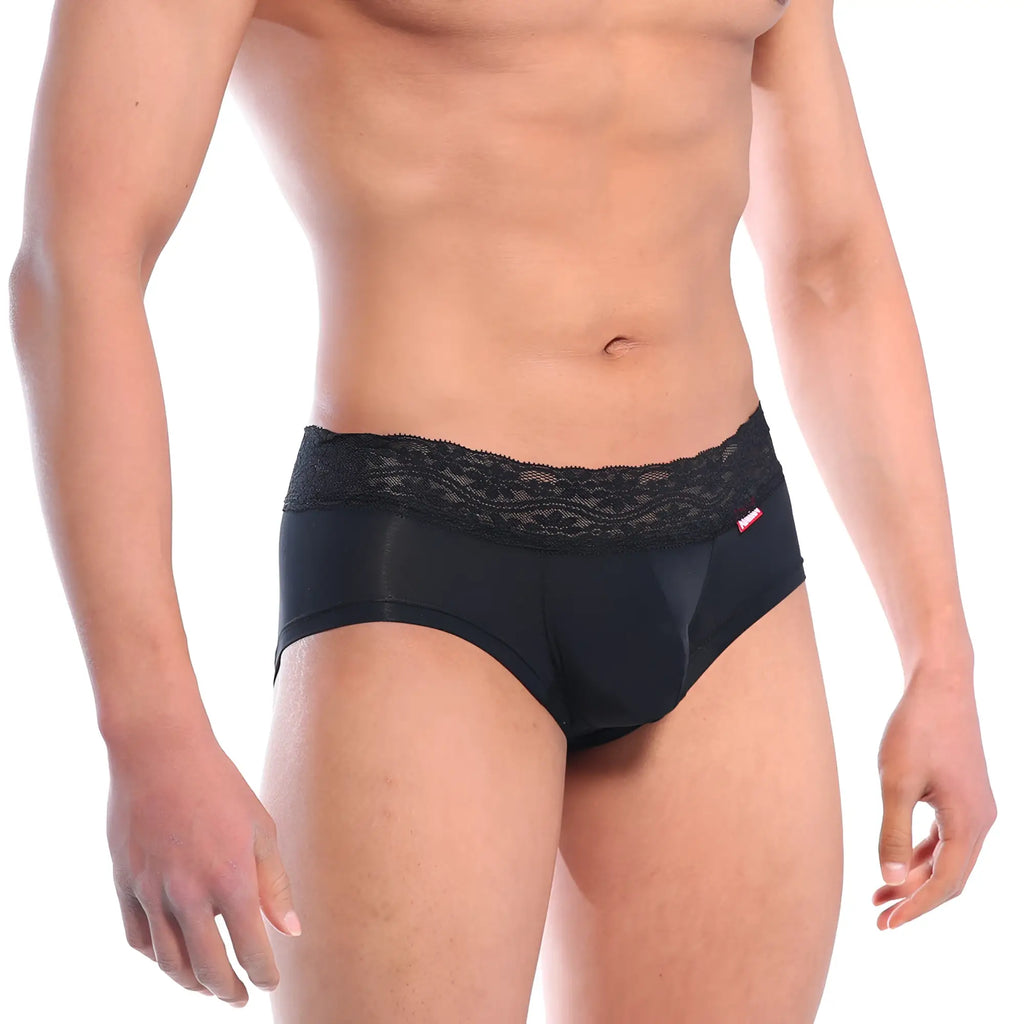 Black lace-trimmed briefs with smooth form-fitting fabric and a subtle red MetroMaleWear brand tag