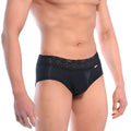 Black lace-trimmed briefs with smooth form-fitting fabric and a subtle red MetroMaleWear brand tag