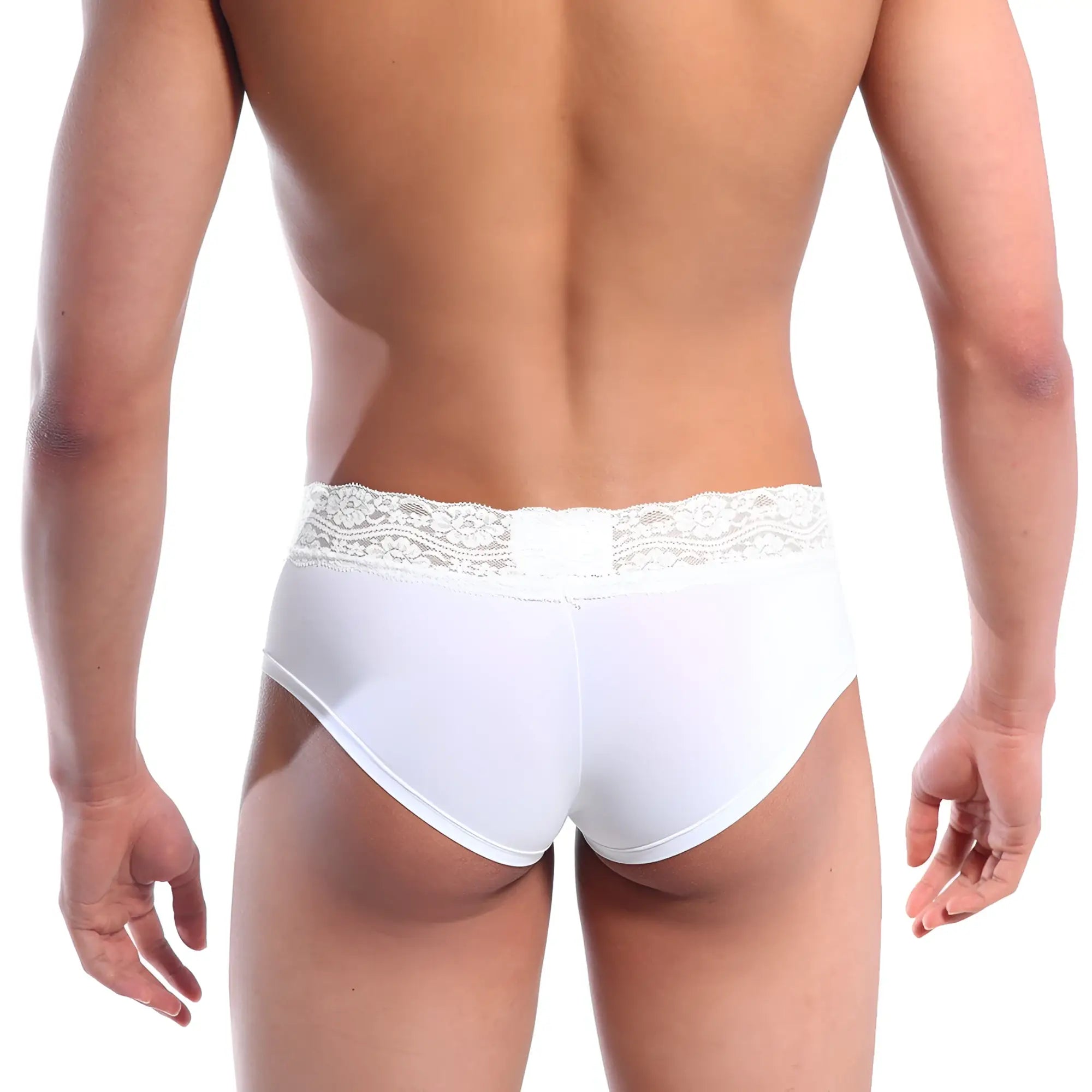 White lace-trimmed mini cheek boxer briefs by metromalewear in white featuring delicate lace details and soft fabric
