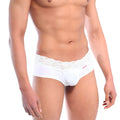 White lace-trimmed men’s briefs with a smooth form-fitting design from MetroMaleWear Mini Cheek Boxer Lace White 2025-70