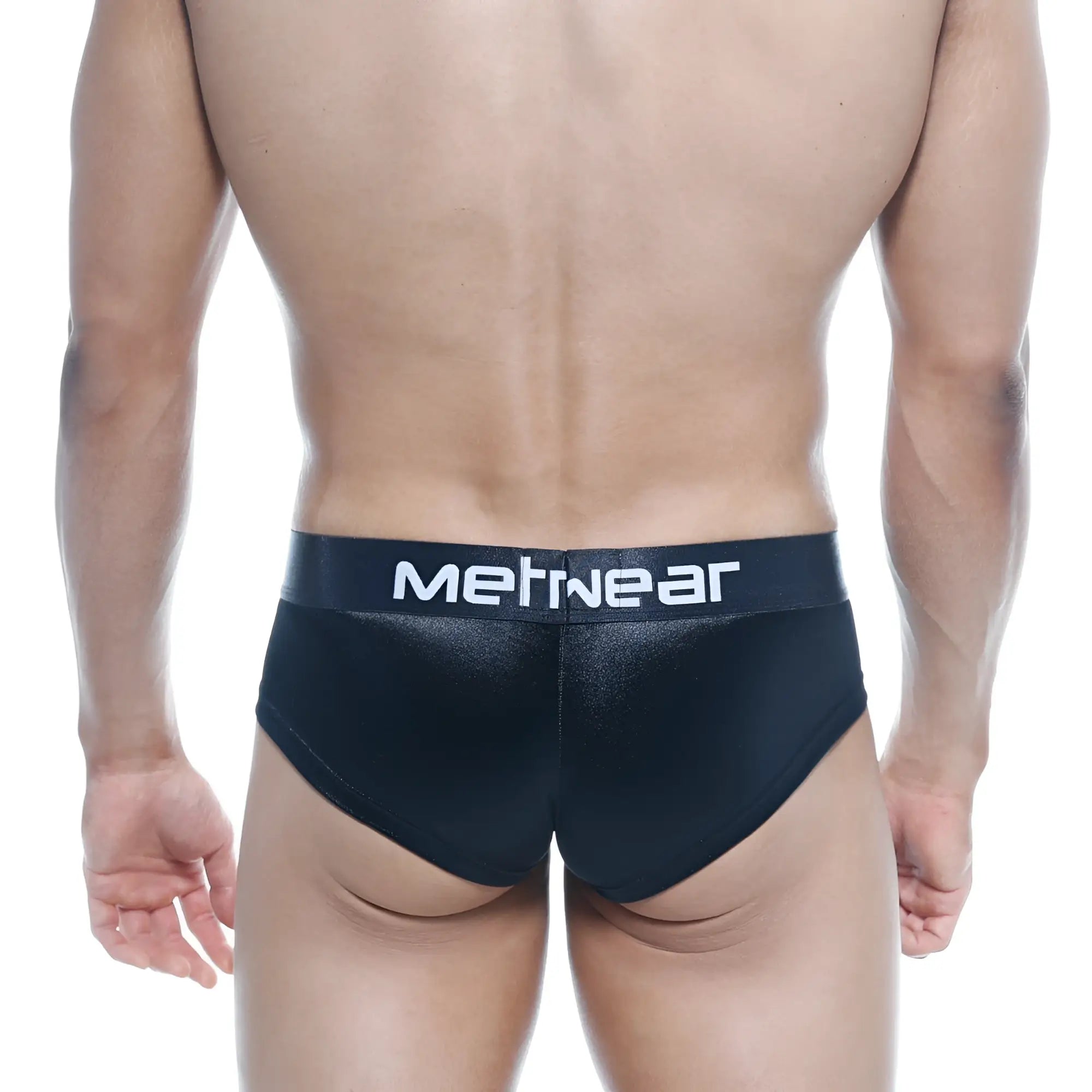 Black MetroMaleWear mini cheek boxer briefs with shiny textured fabric and white logo waistband front view