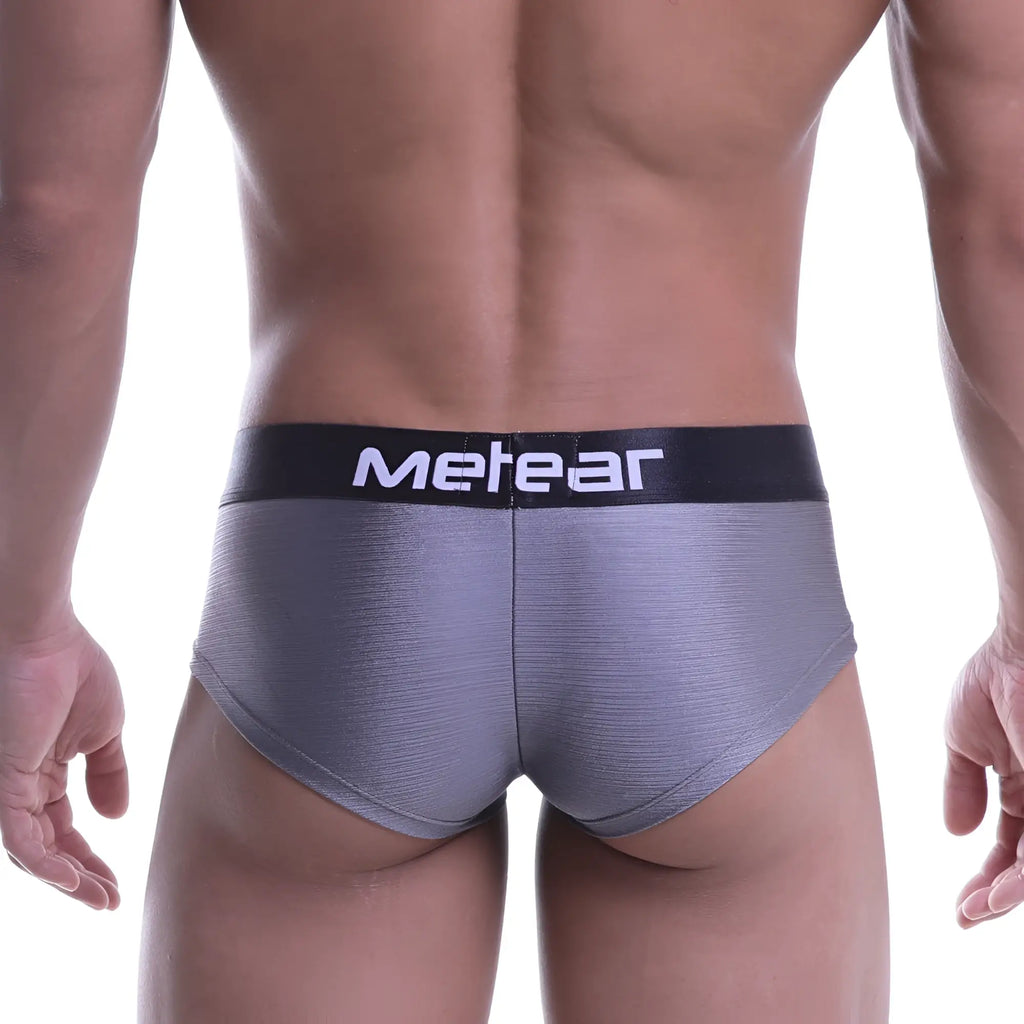 Gray metallic-textured brief boxer with black waistband and metear logo from metromalewear mini cheek boxer metal gray 2025-09