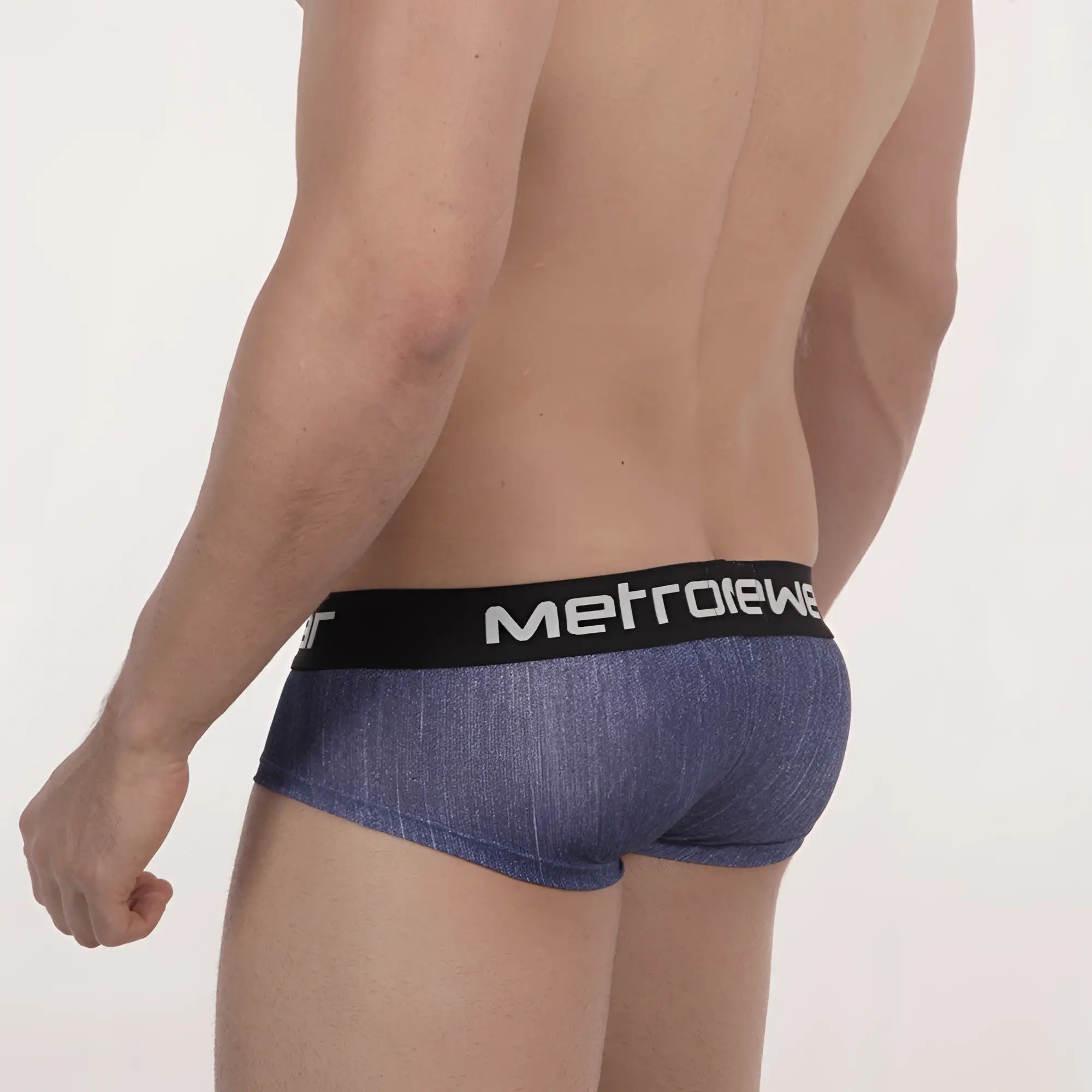 Blue denim-textured men’s briefs with black waistband and white metroiewe branding metroMalewear mini cheek boxer navy denim