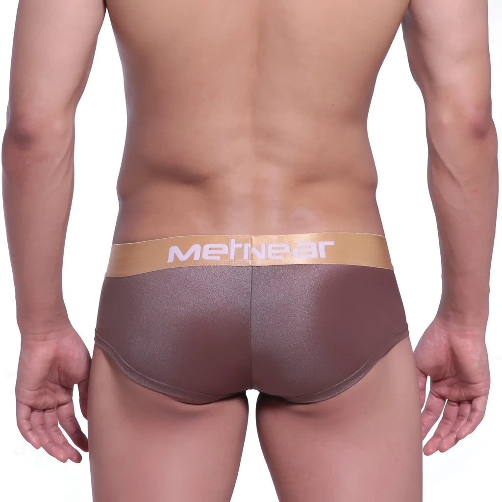 Brown metallic textured men’s briefs with tan metnear waistband metro male wear mini cheek boxer spark gold 2025 21