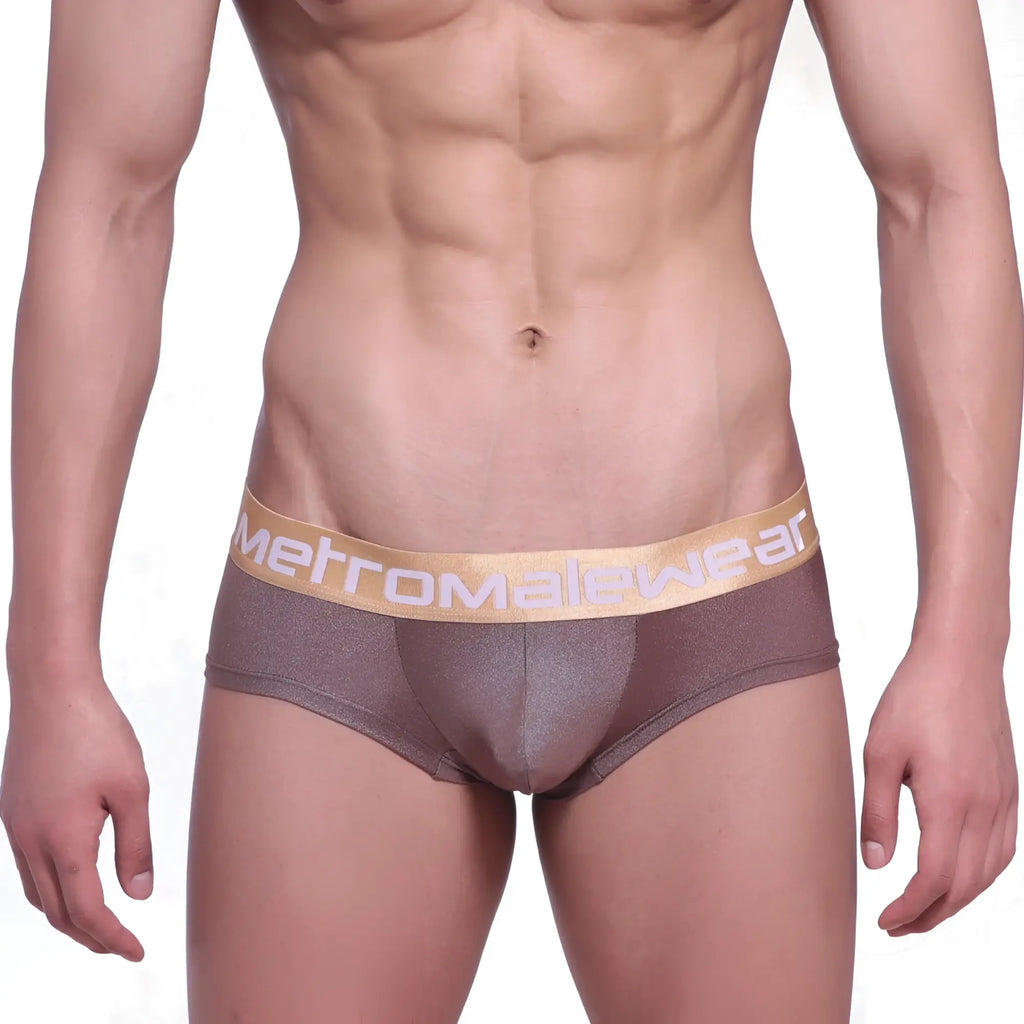 Brown metallic mini cheek boxer briefs with gold metromalewear waistband for stylish men 2025-21