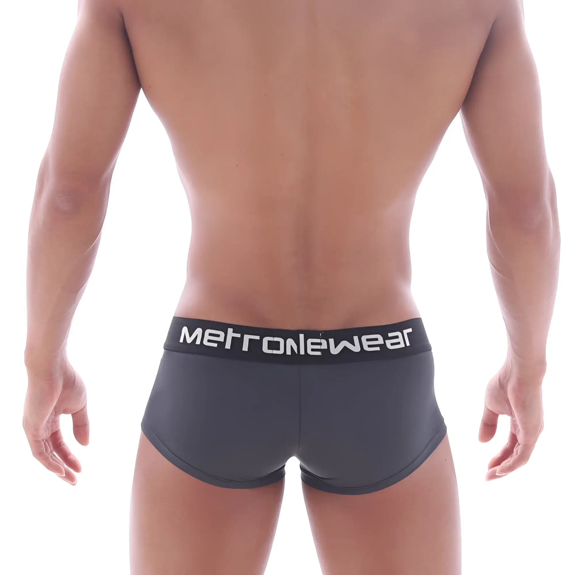 Dark gray metronewear briefs with black waistband and white lettering from MetroMaleWear Mini Cheek Boxer Twilight 2025-11