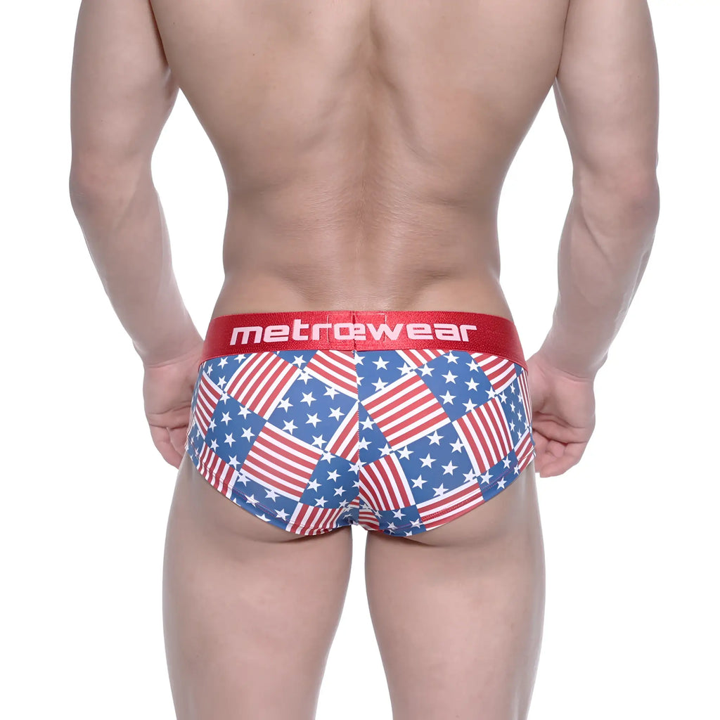 MetroMaleWear mini cheek boxer USA 2025-91 briefs with red white and blue american flag patchwork and red metrowear waistband