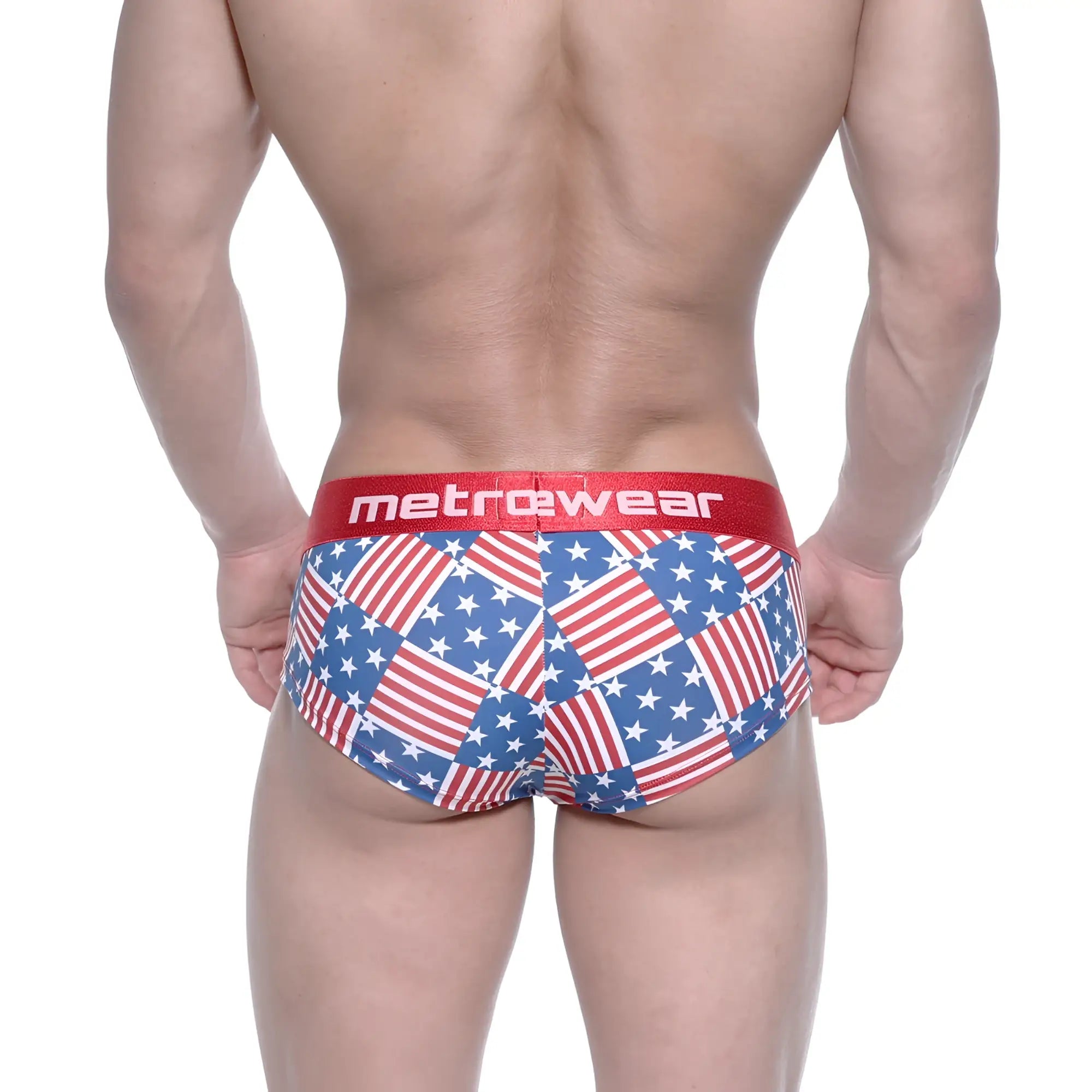 MetroMaleWear mini cheek boxer USA 2025-91 briefs with red white and blue american flag patchwork and red metrowear waistband