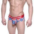 Red white and blue american flag patterned men’s briefs with red metromalewear waistband metro males mini cheek boxer